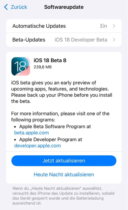 石阡苹果手机维修分享苹果 iOS / iPadOS 18 开发者预览版 Beta 8 发布 
